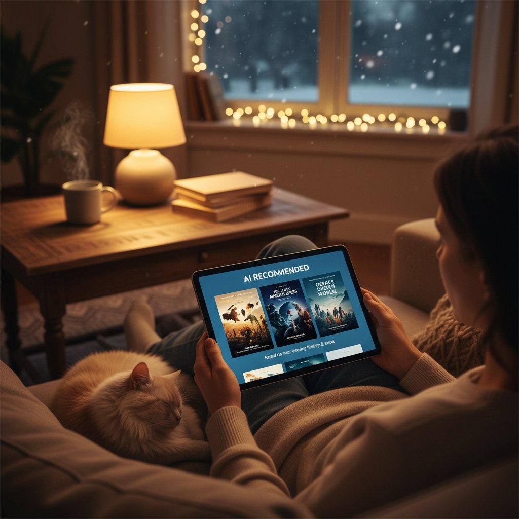 A person relaxing at home, scrolling documentary movie recommendations on a tablet, cozy lighting