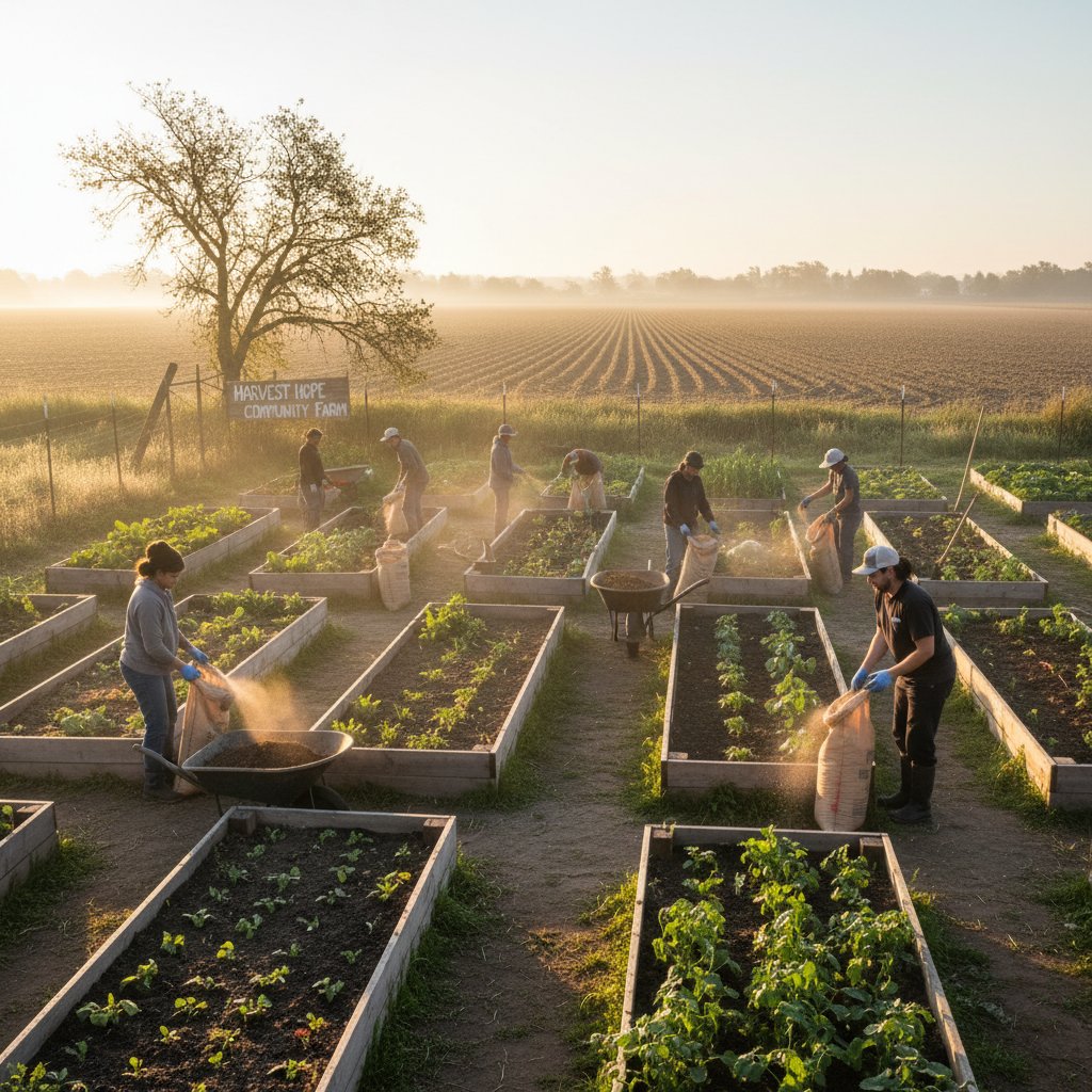 Ogród społeczny i wiejskie pole z widocznym nawożeniem ekologicznym.