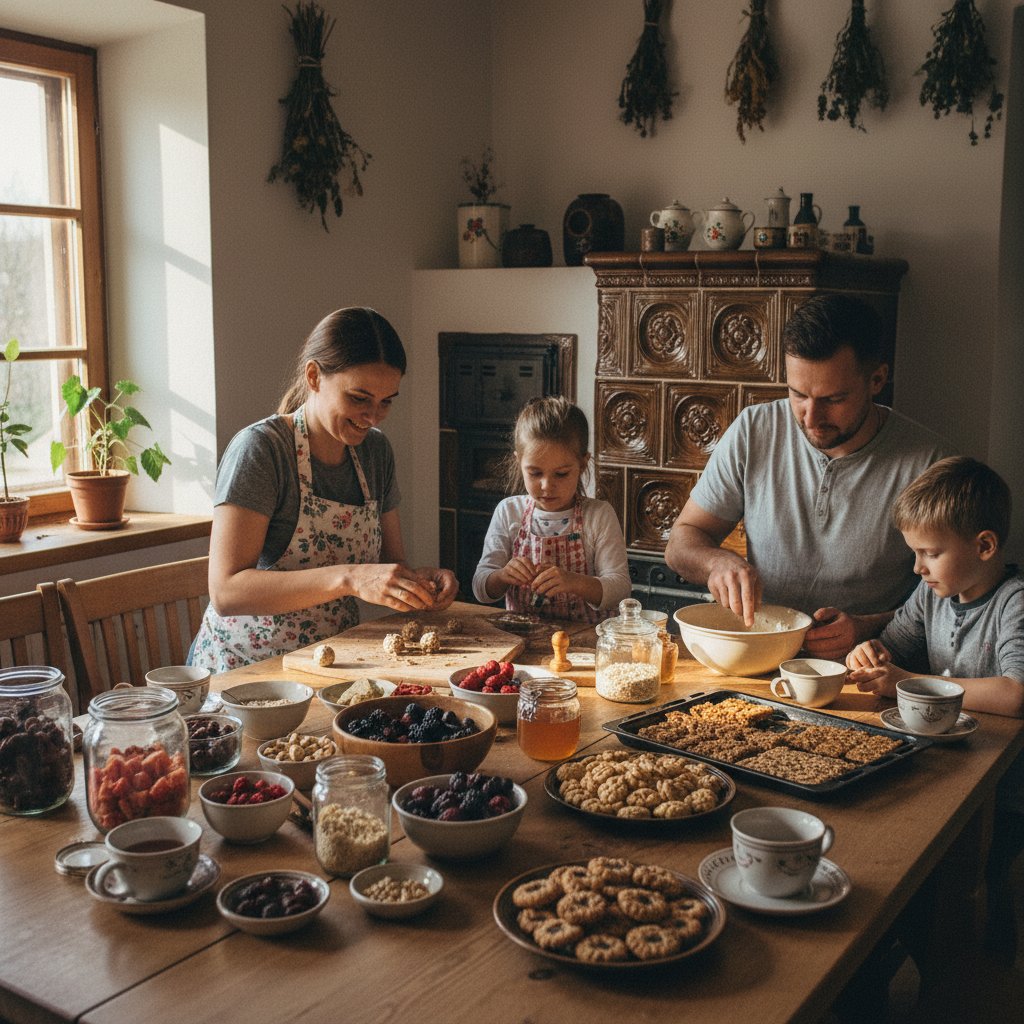 Polska rodzina je zdrowe słodycze przy stole, domowa atmosfera, dzieci i rodzice, fit słodycze na co dzień