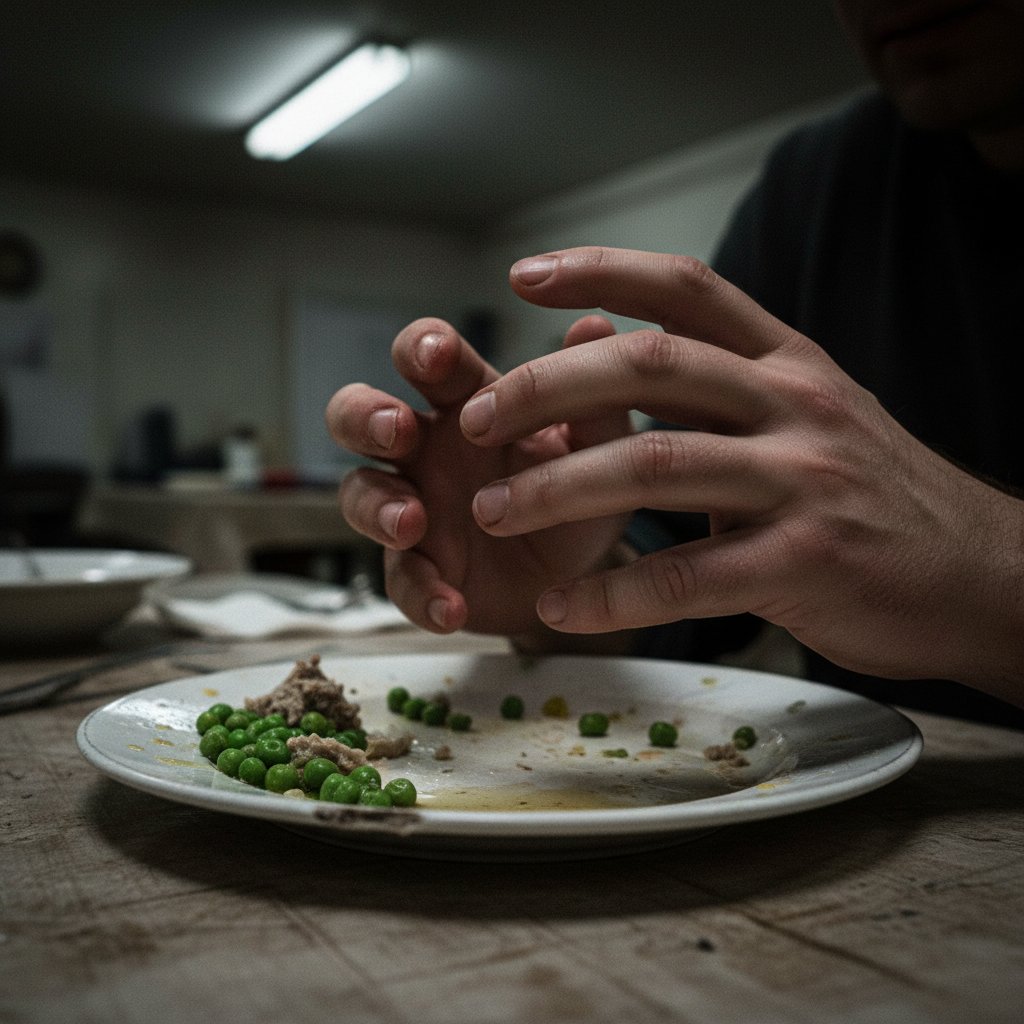 Dłonie nerwowo bawiące się przy talerzu jedzenia, dokumentalny styl, kompulsywne objadanie się