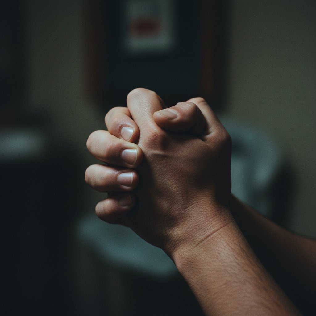 Zaciśnięte dłonie osoby wahającej się, czy wezwać pomoc, ze stresem i lękiem