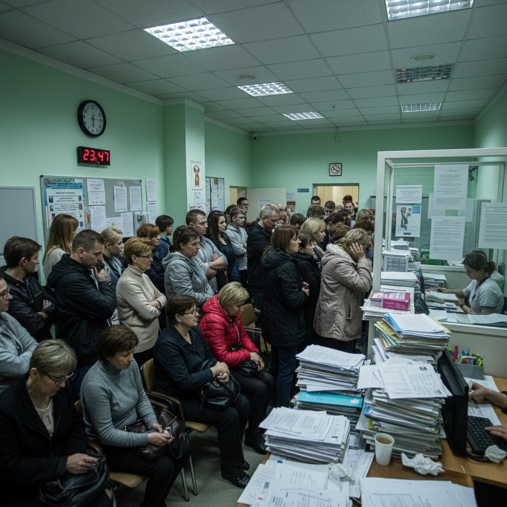 Tłok i kolejka w przychodni rodzinnej w Warszawie – frustracja na twarzach, sterty dokumentów, jarzeniowe światło