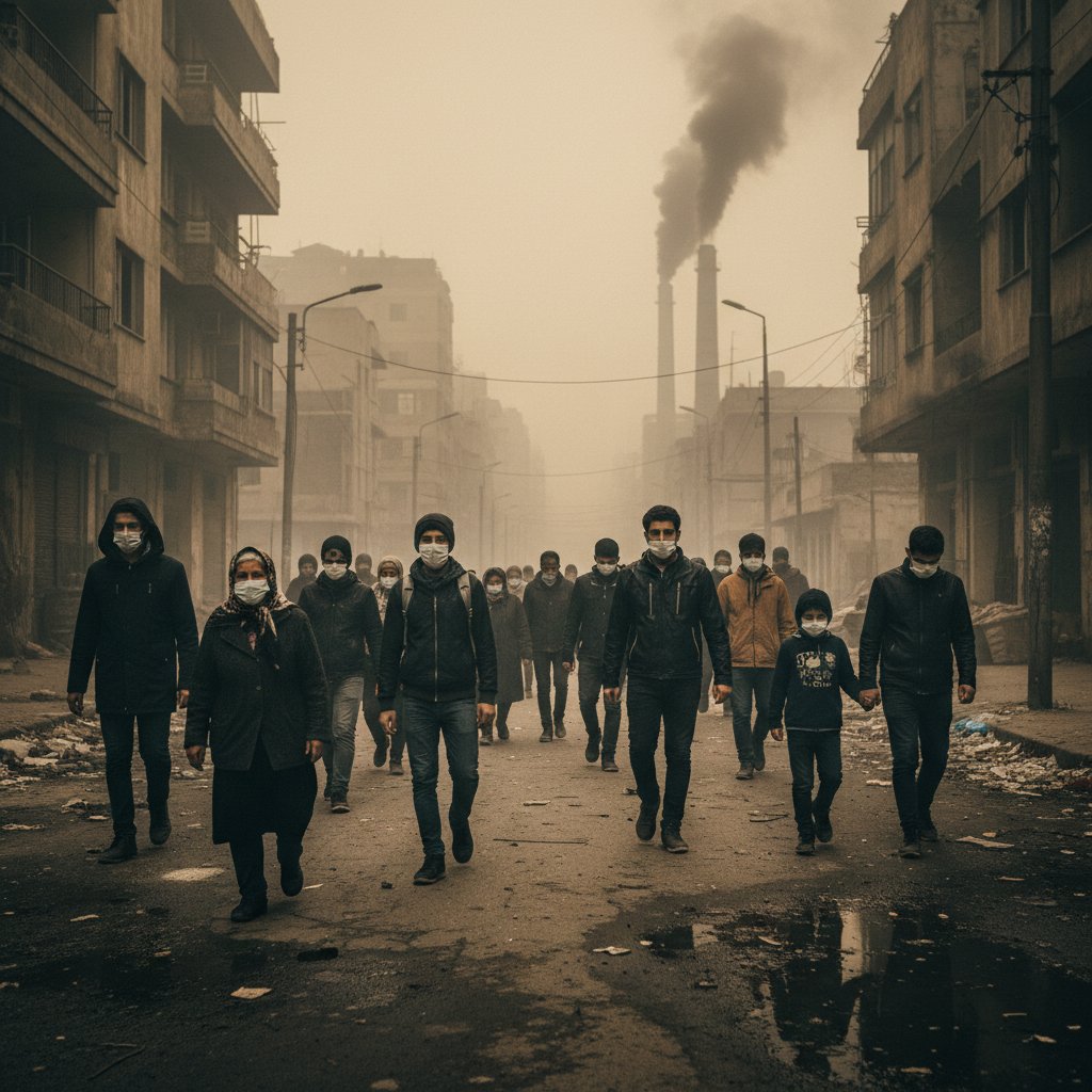 Grupa osób w zanieczyszczonym mieście, niektórzy w maskach.