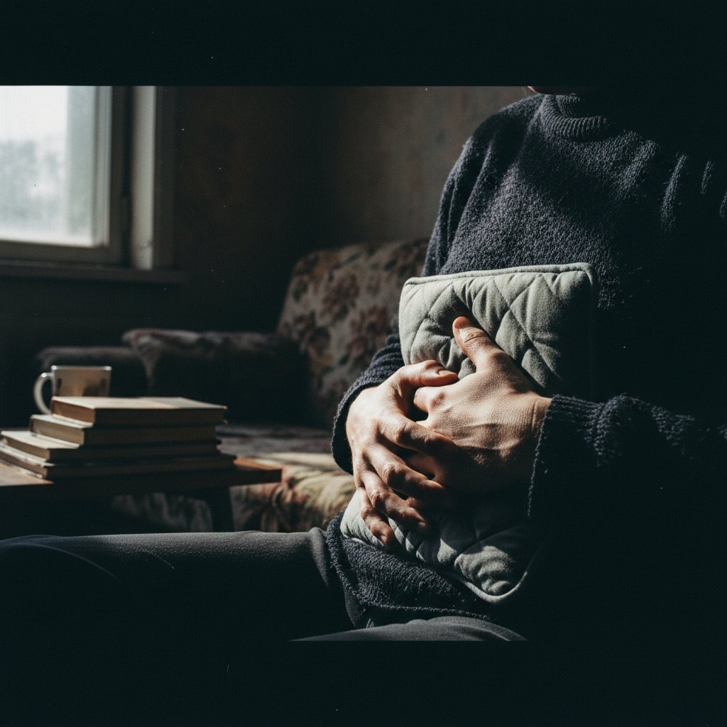 Kobieta trzymająca termofor na brzuchu podczas bolesnej miesiączki w domowym wnętrzu