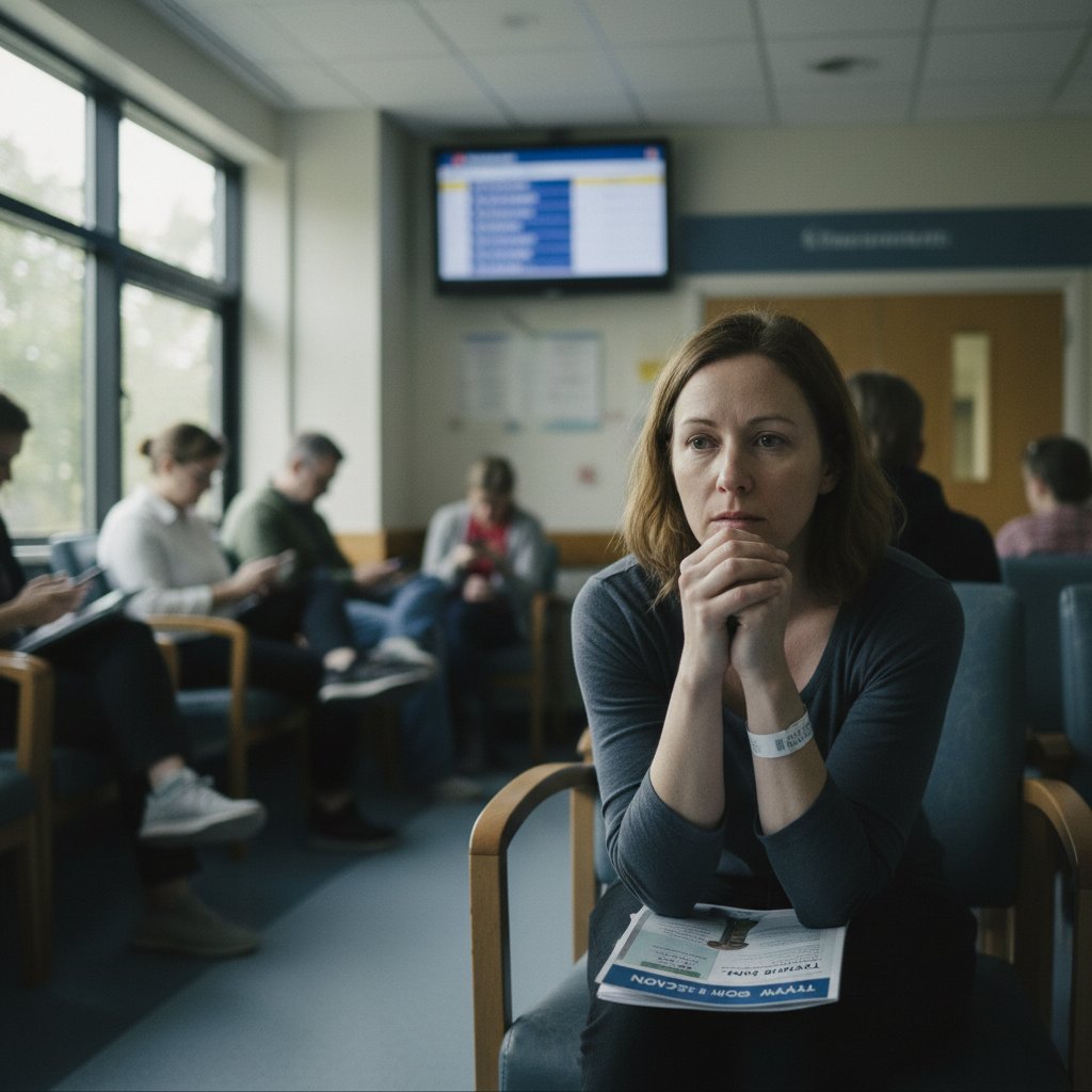 Zdjęcie osoby w szpitalnej poczekalni przed badaniem scyntygraficznym tarczycy, atmosfera skupienia i niepokoju, elementy medyczne