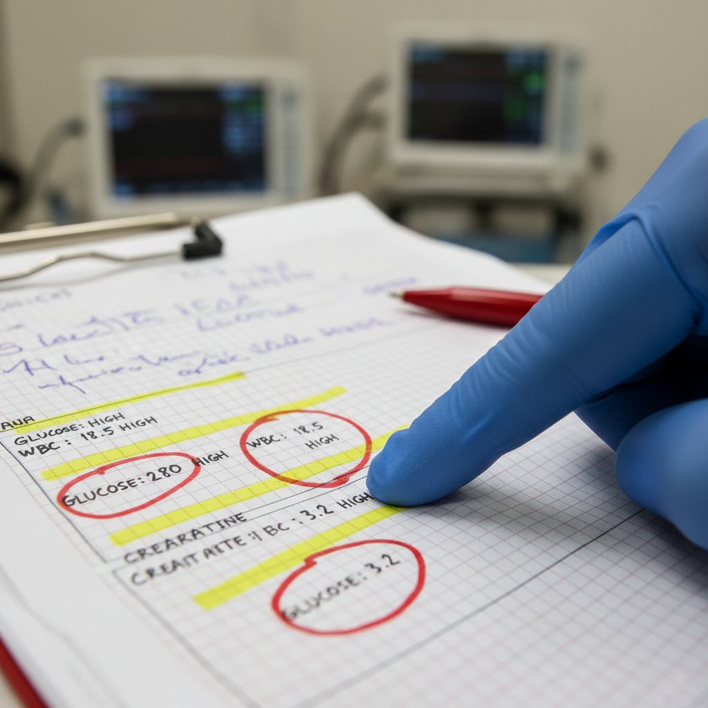 Wydruk z wynikiem gazometrii z zaznaczonymi odchyleniami od normy