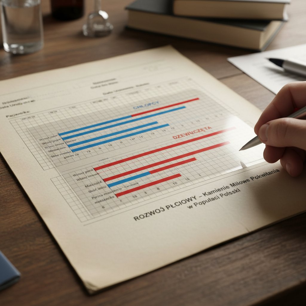 Wykres przedstawiający różnice w wieku rozpoczęcia dojrzewania u chłopców i dziewcząt w Polsce