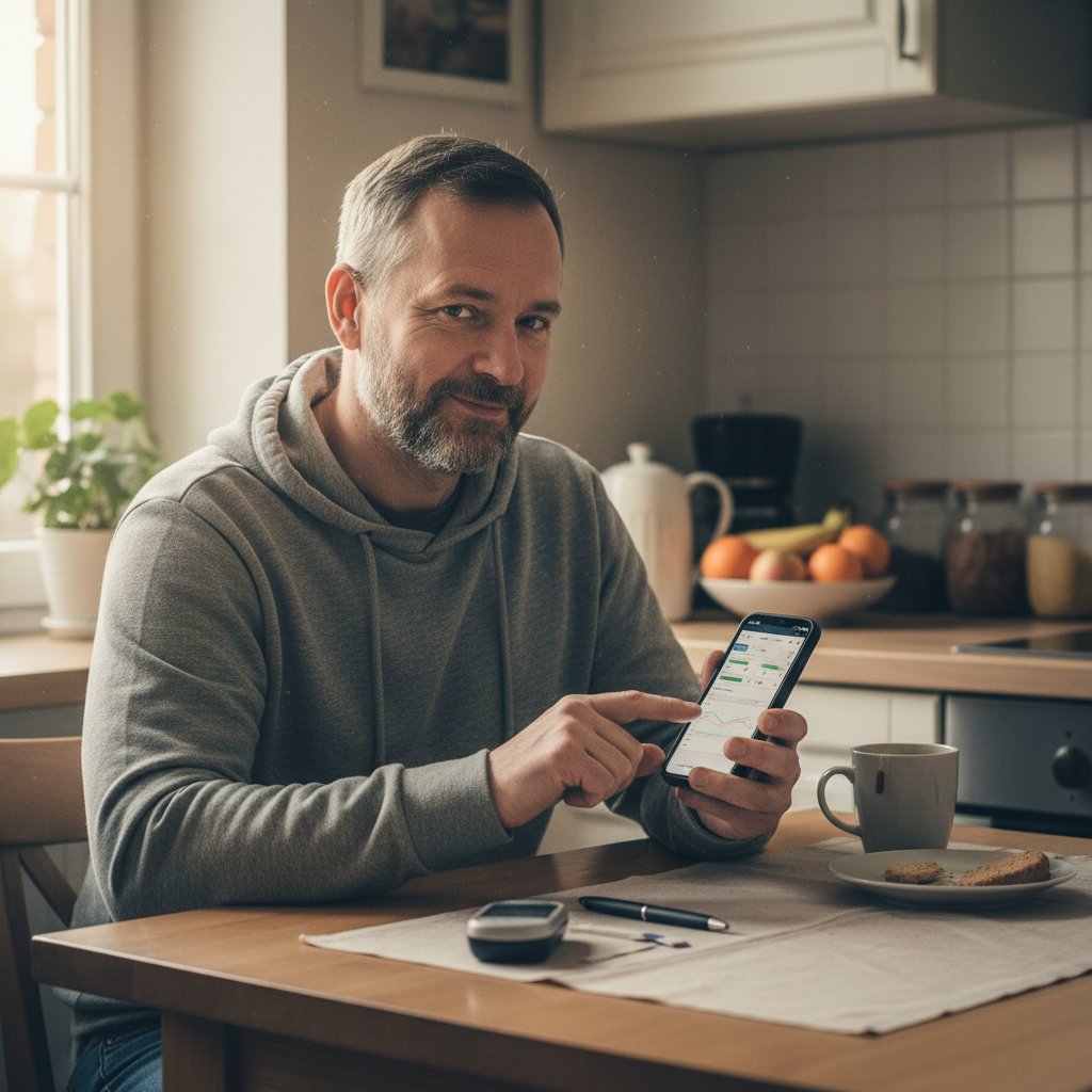 Mężczyzna zapisuje wyniki glukozy na smartfonie.