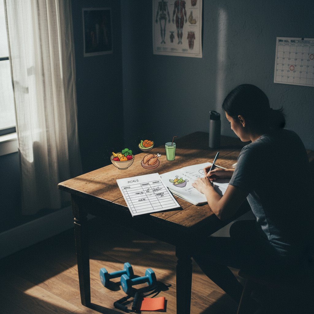 Prawdziwa historia walki z przemianą materii – osoba notująca posiłki i treningi w dzienniku, przytulne światło, autentyczna scena