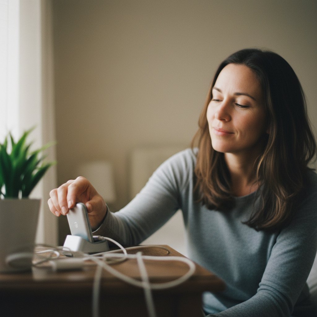 Osoba odkładająca urządzenie do monitorowania zdrowia – ulga i spokój