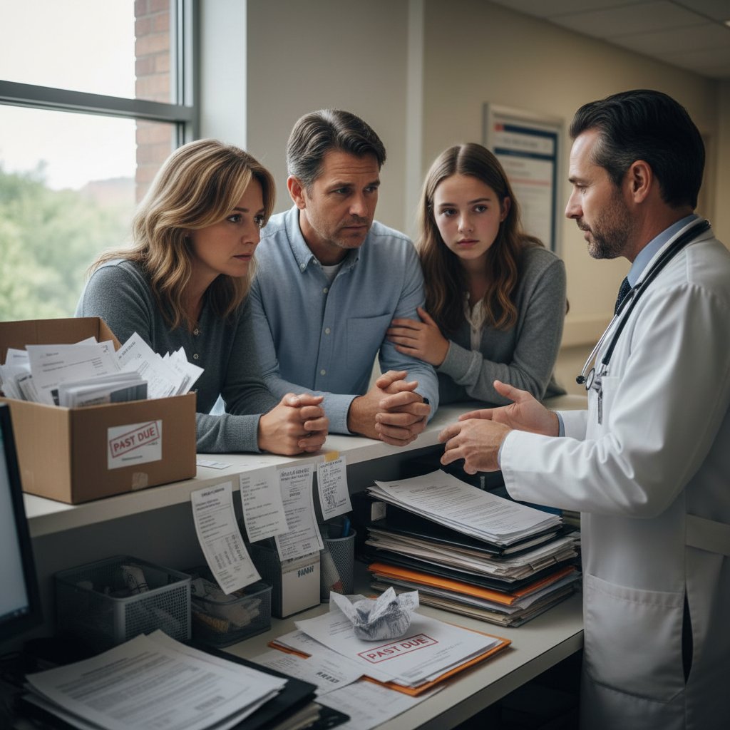 Rodzina pacjenta rozmawia z lekarzem o kosztach i refundacji stentu