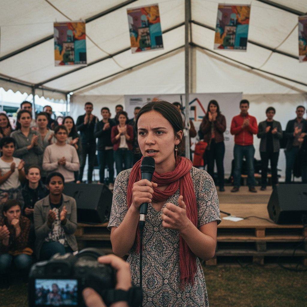 Aktywistka z RZS na spotkaniu społecznym, młoda kobieta z widocznymi deformacjami dłoni