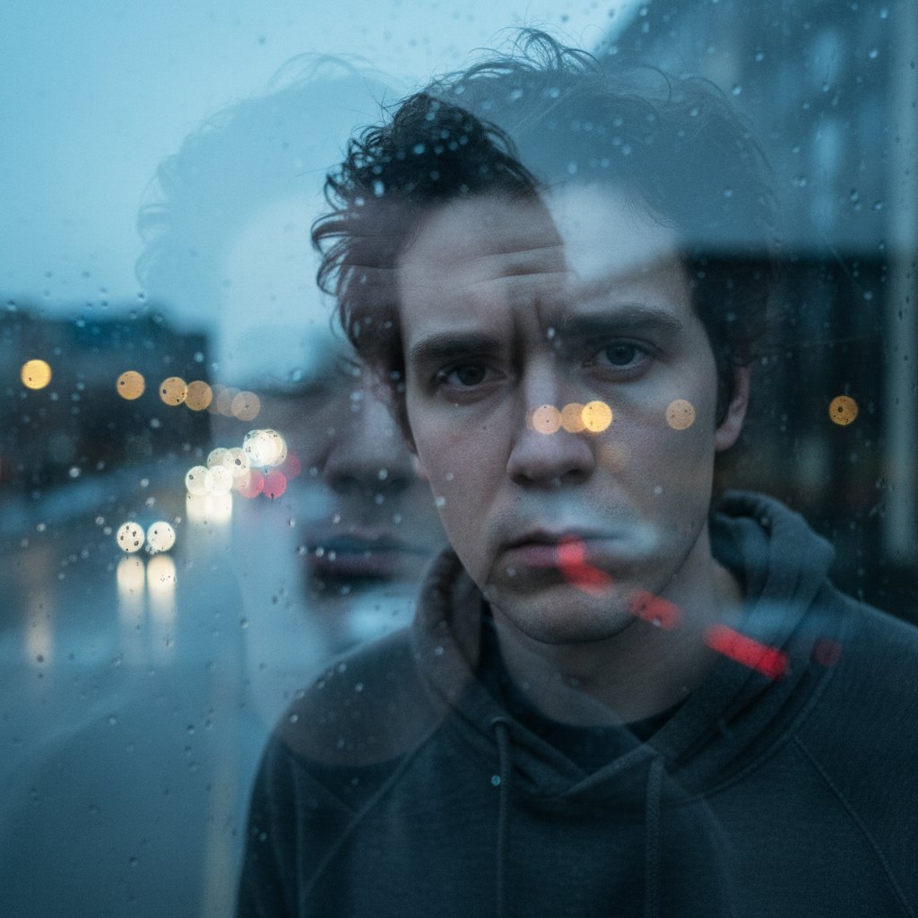 Portret osoby zmagającej się z własną tożsamością w miejskim otoczeniu, osobowość zależna, miejski klimat, zaduma