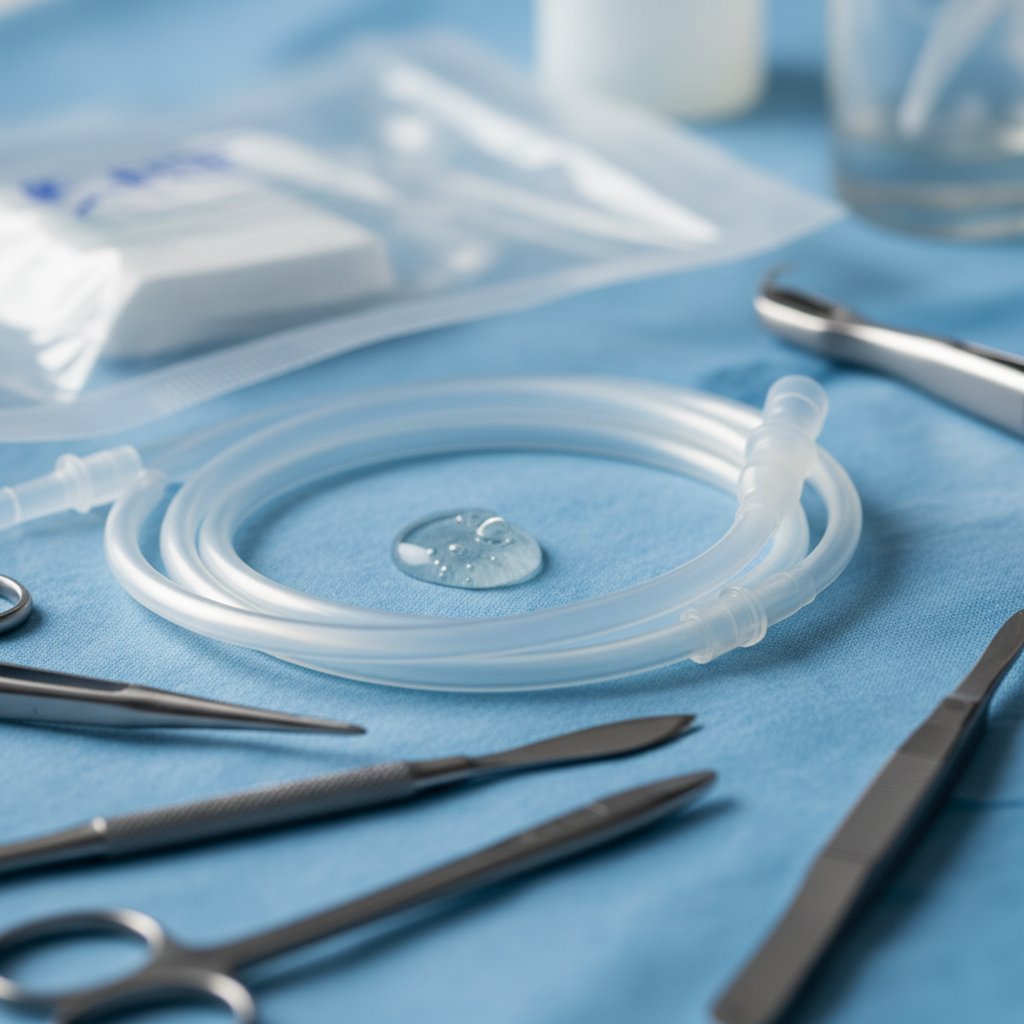 Zestaw narzędzi medycznych używanych przy diagnostyce zwężenia cewki moczowej, na tle sterylnej sali zabiegowej