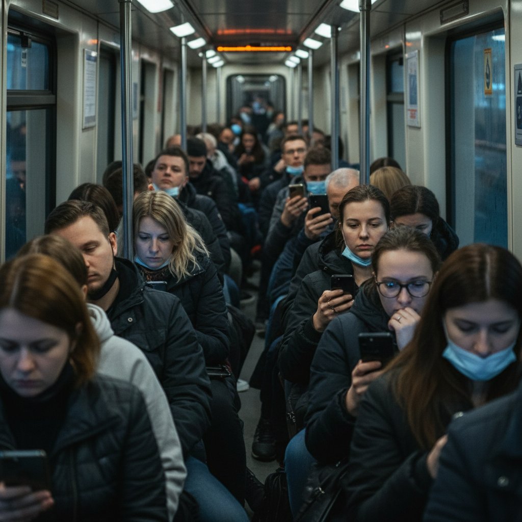 Wycieńczone twarze ludzi w warszawskim metrze podczas porannego szczytu, symbolizujące codzienny stres
