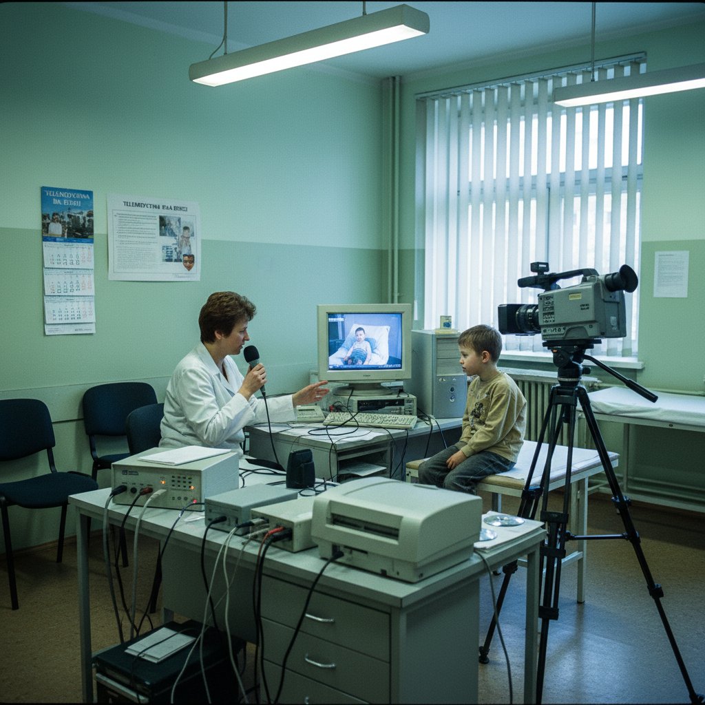 Pierwsze kroki telemedycyny pediatrycznej w Polsce – zdjęcie dokumentalne sprzętu wideokonferencyjnego z lat 2000.