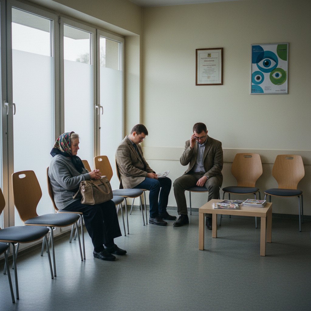 Poczekalnia w polskiej poradni okulistycznej, codzienność pacjentów z astygmatyzmem