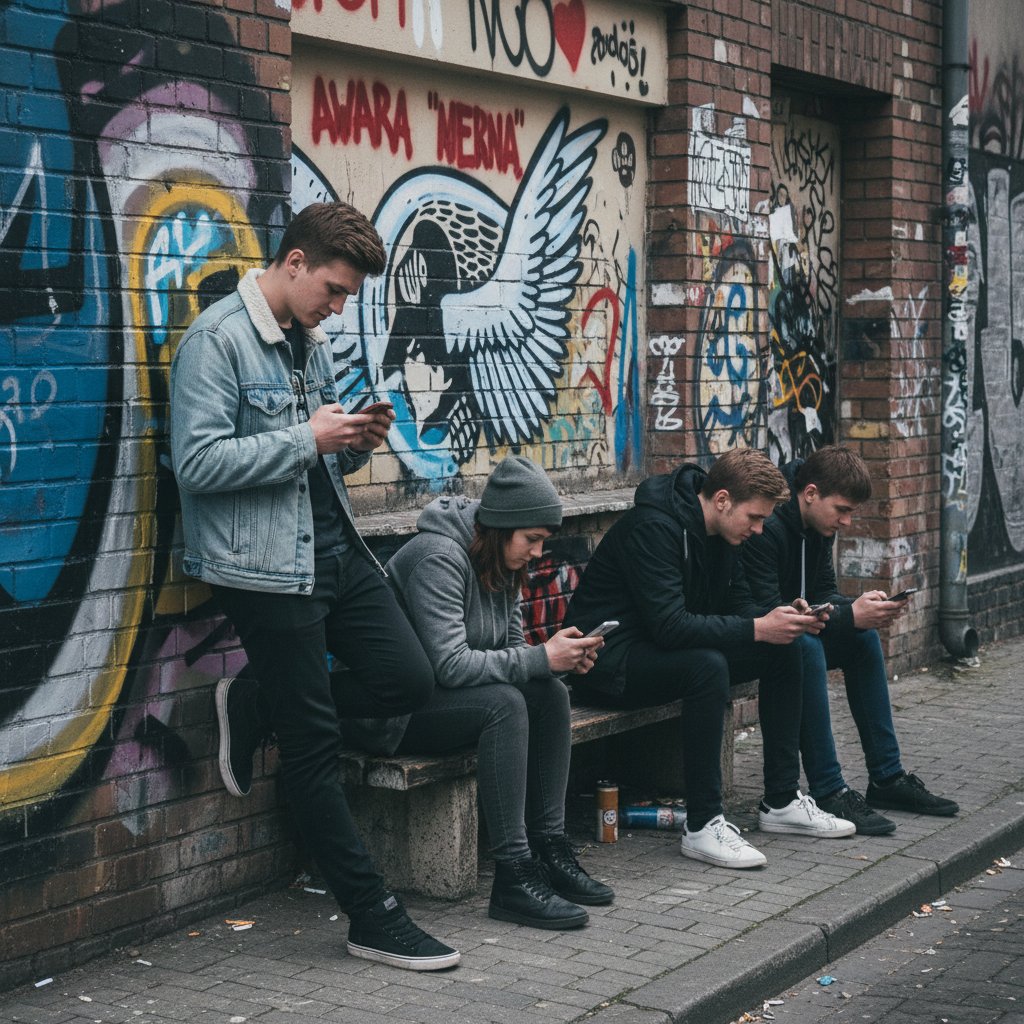 Polscy młodzi ludzie podczas zabawy online, skupieni na smartfonach, miejski mural w tle