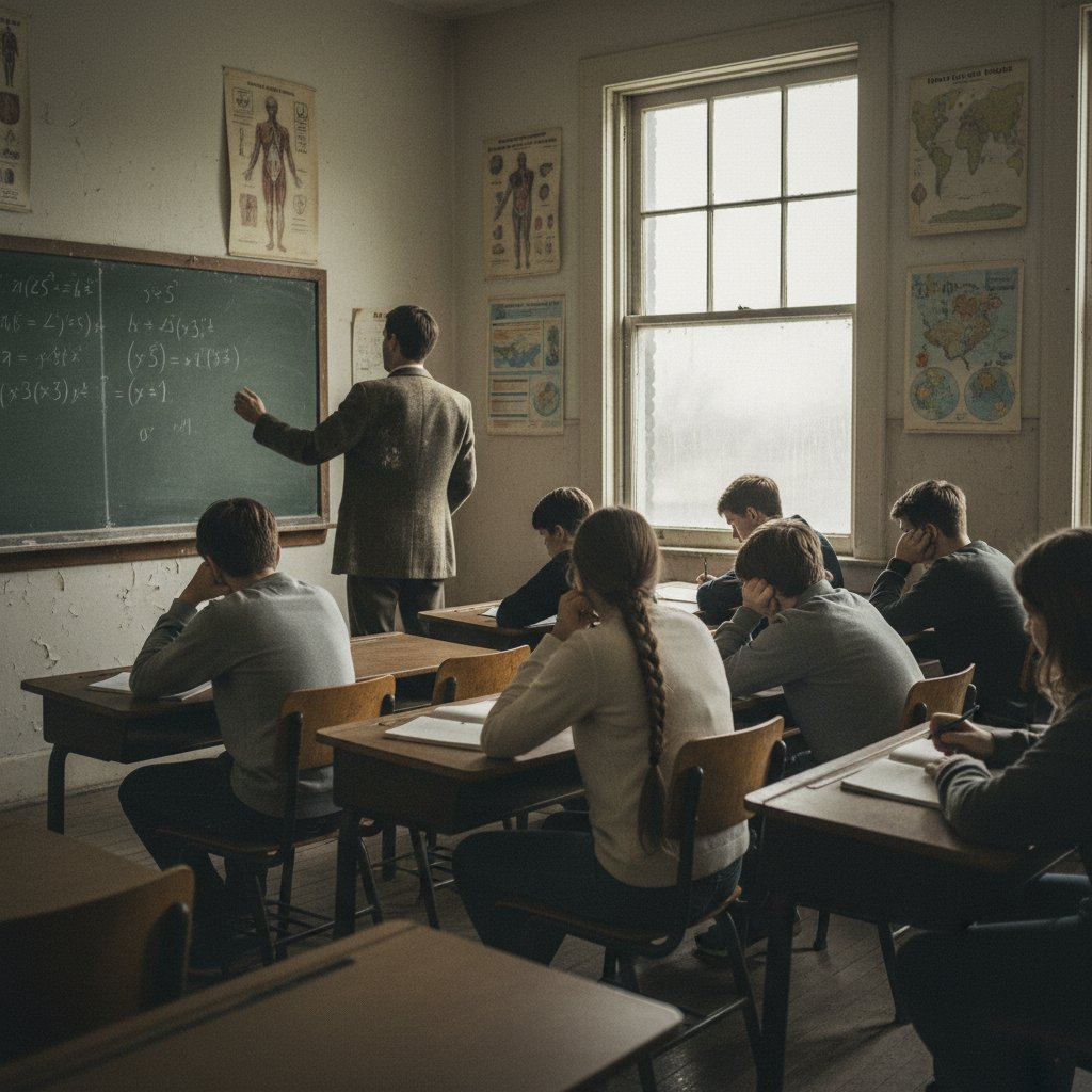 Motywacja uczniów w polskiej szkole – nauczyciel przy tablicy, znudzona klasa, uczeń patrzący przez okno, stare plakaty