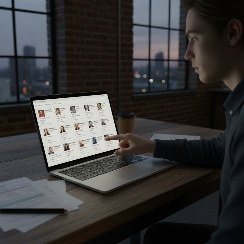 Osoba przegląda profile psychologów na laptopie, wybór psychologa online