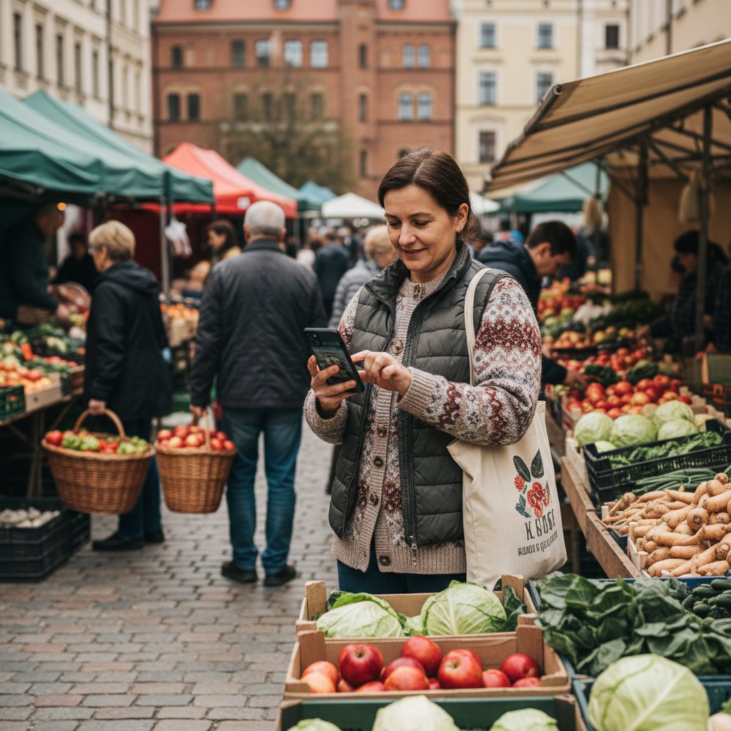 Polski konsument korzystający z aplikacji zakupowej na targu