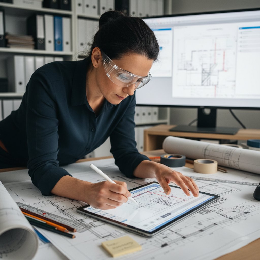Documentation expert annotating complex digital and analog plans.
