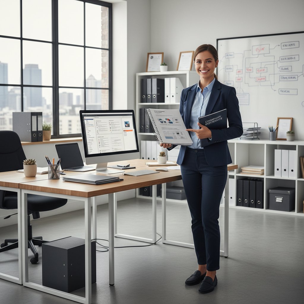 A confident new employee referencing a clear manual in a modern office, exemplifying professional onboarding with organized documentation