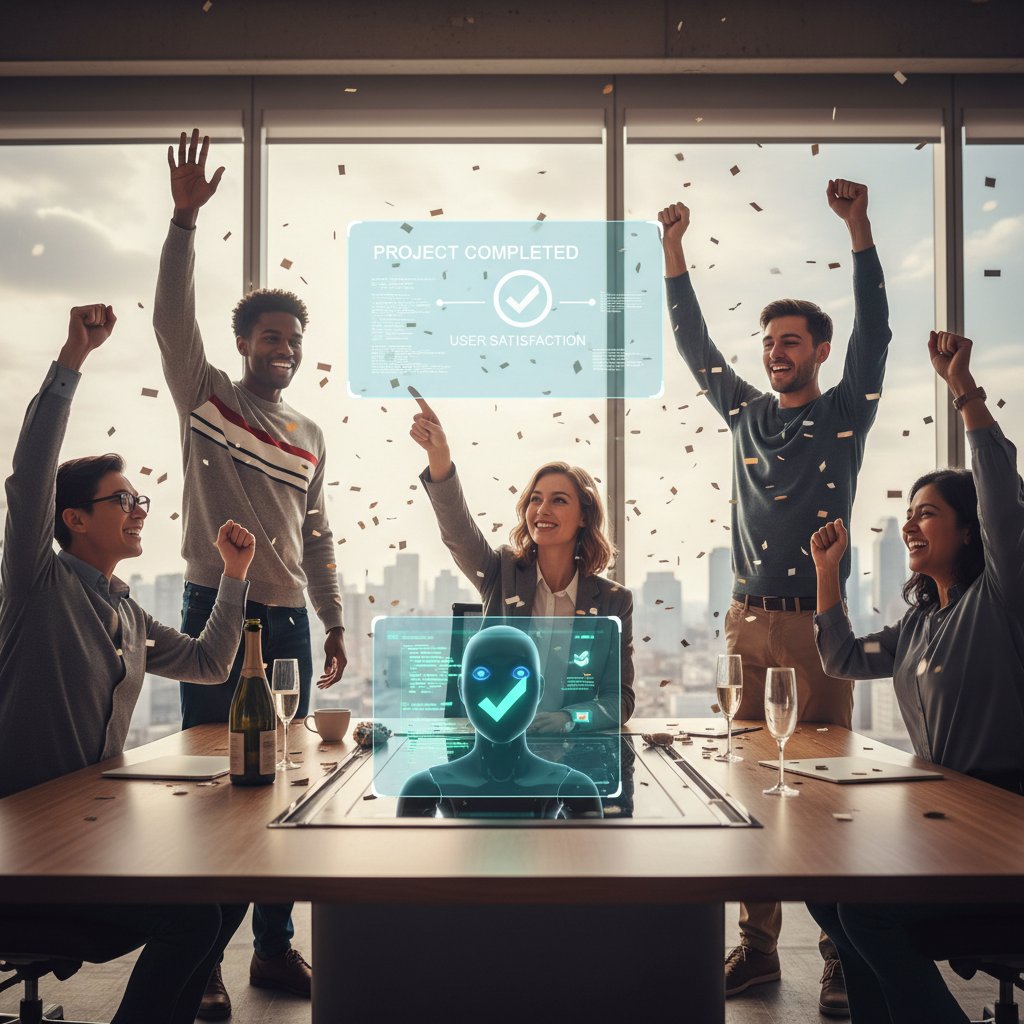 Photo of a diverse team and AI assistant celebrating documentation-driven success