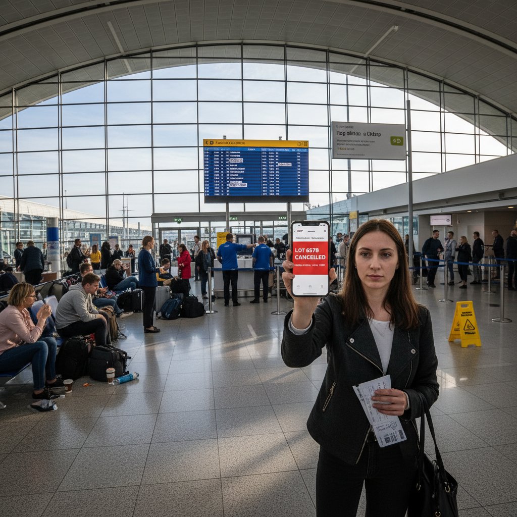 Osoba dokumentująca dowody anulowanego lotu, telefon, lotnisko, Polska, 2024