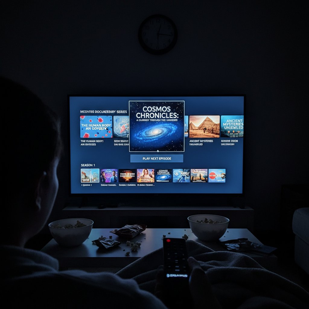 Docuseries episodes lined up on a streaming platform interface, binge-watching, documentary cliffhanger