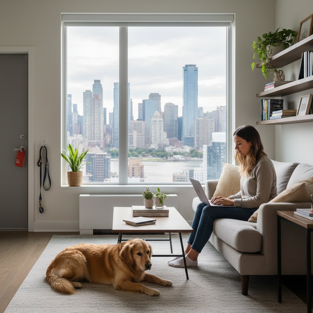Pies siedzący posłusznie w małej kawalerce, patrzący na właściciela z laptopem