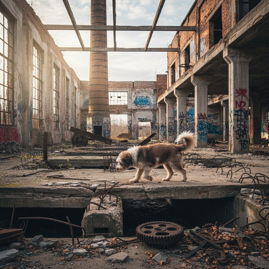Pies eksplorujący opuszczone ruiny w Polsce, industrialny klimat