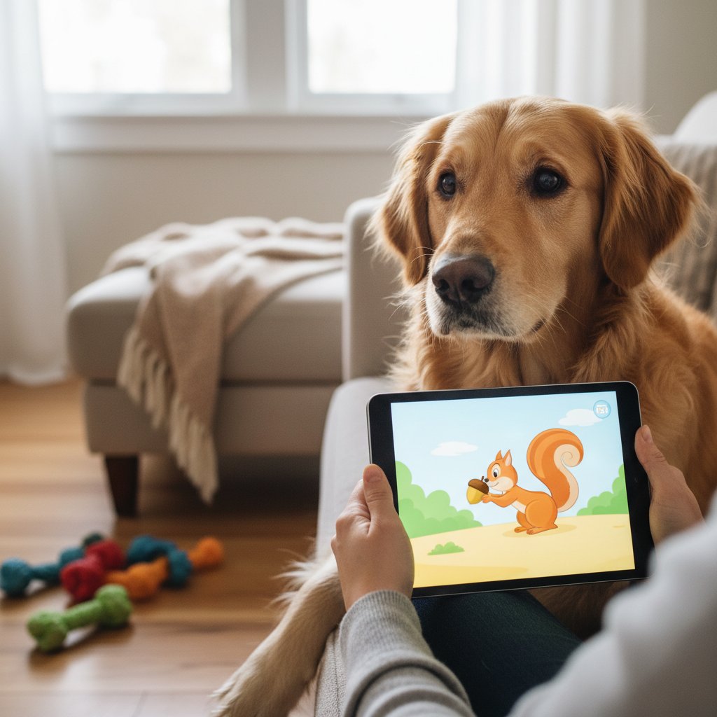 Pies zaintrygowany tabletem trzymanym przez właściciela, uważnie obserwujący ekran
