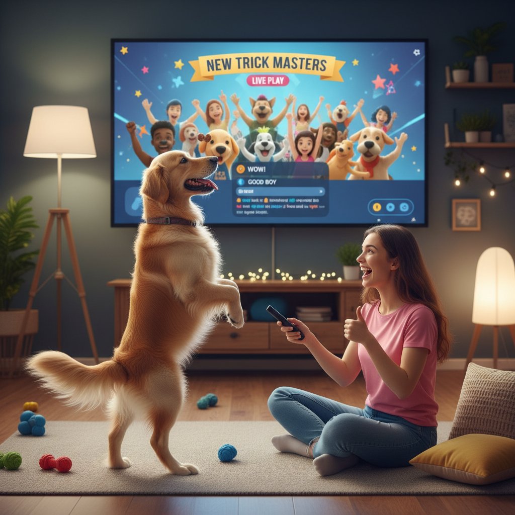 Pies prezentuje nową sztuczkę nauczoną podczas zabawy online, dumny i skoncentrowany