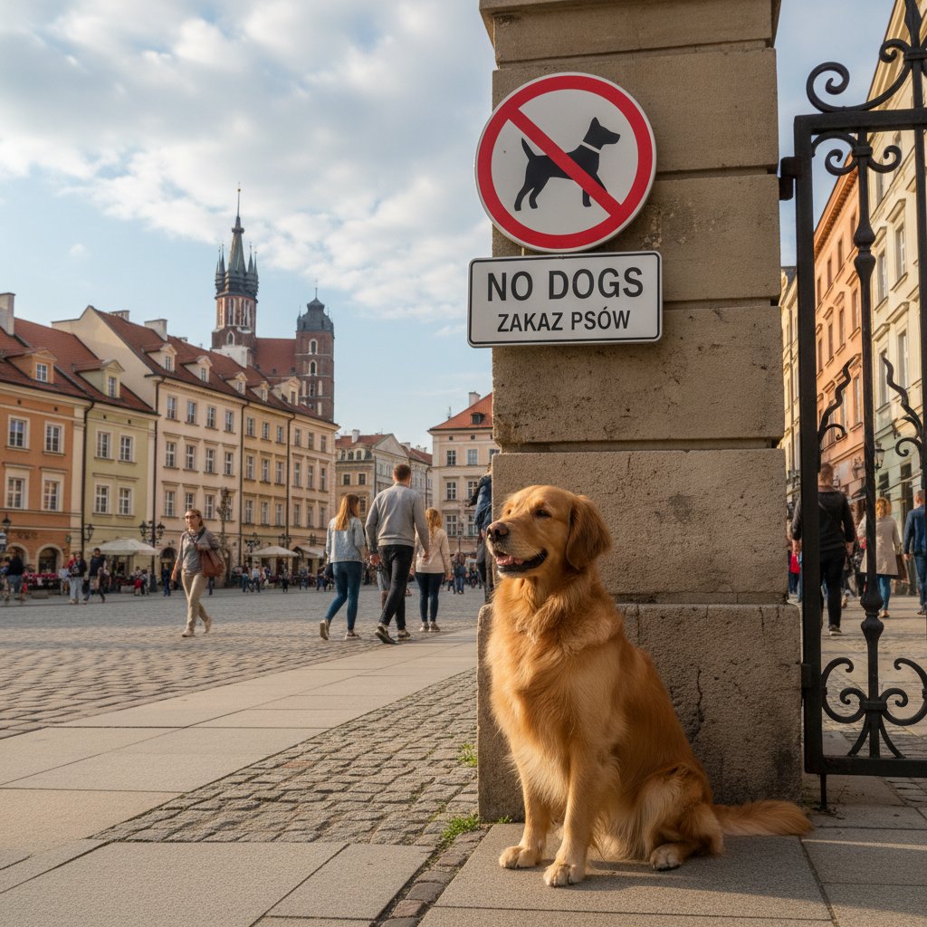 Pies i właściciel przed znakiem „zakaz wprowadzania psów” w miejskiej przestrzeni Polski