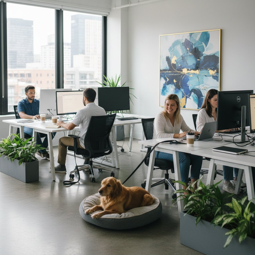 Pies w nowoczesnym polskim biurze, ludzie pracują w tle