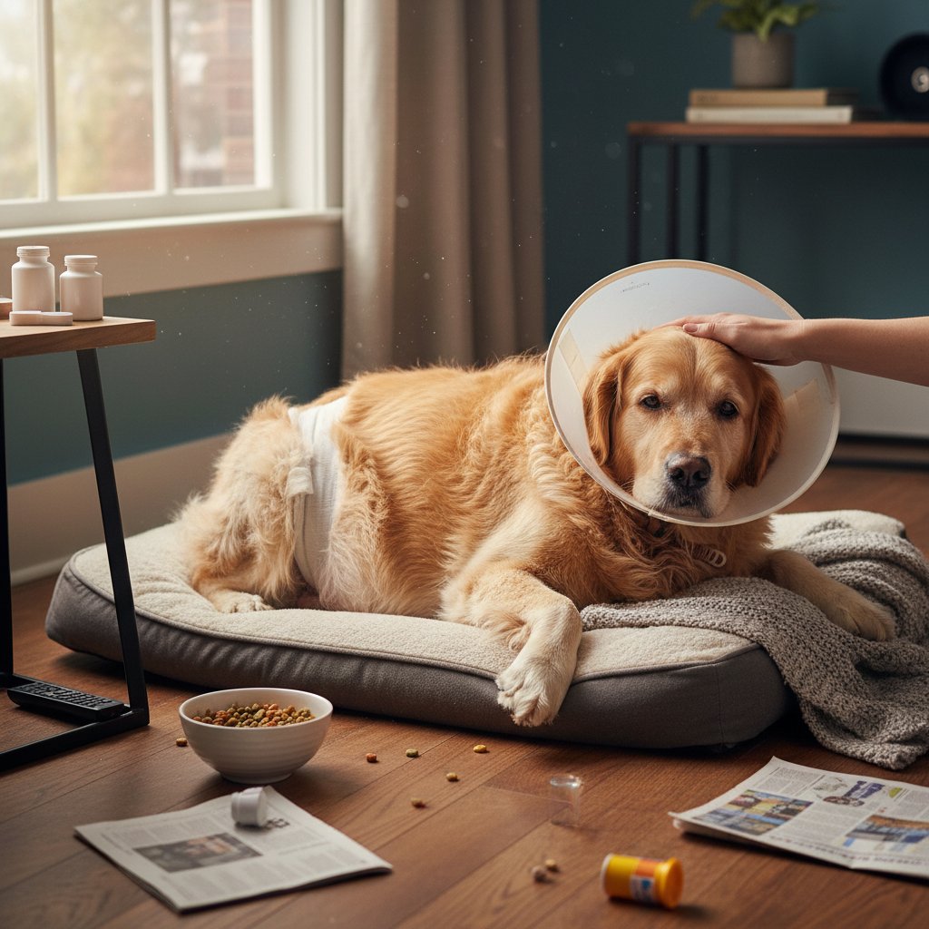 Pies leżący przy misce z karmą, widoczna nadwaga po kastracji, domowa scena.