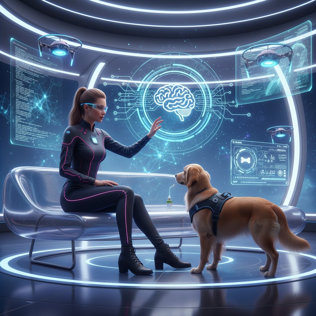 Technologiczne rozwiązania przyszłości – pies i właściciel otoczeni cyfrowymi interfejsami