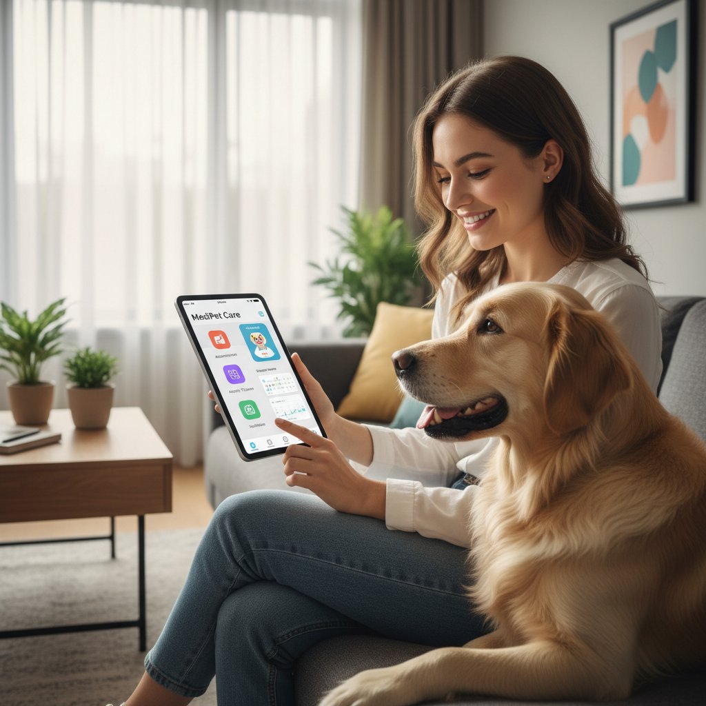 Pies i opiekun korzystający z aplikacji weterynaryjnej w domu, nowoczesna opieka po kastracji