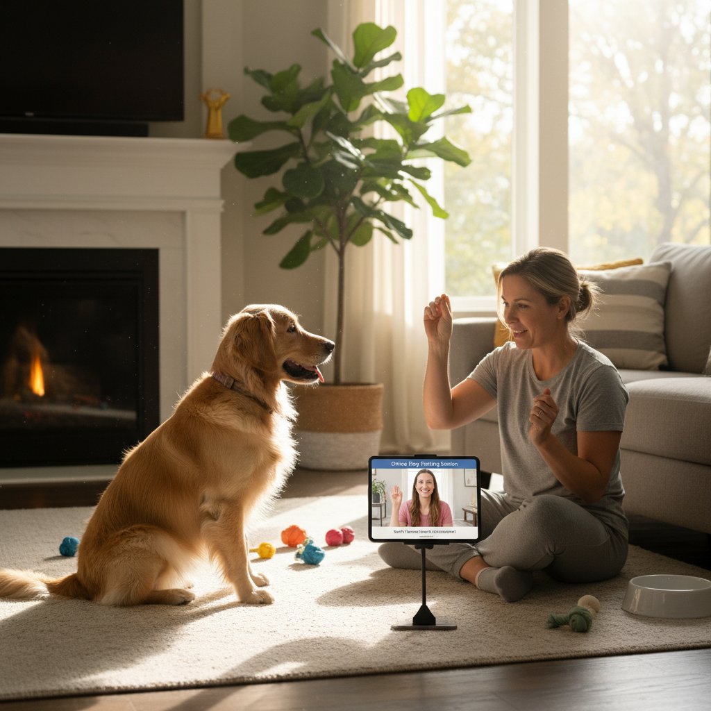 Pies wykonujący komendę „siad” przed właścicielem podczas treningu online