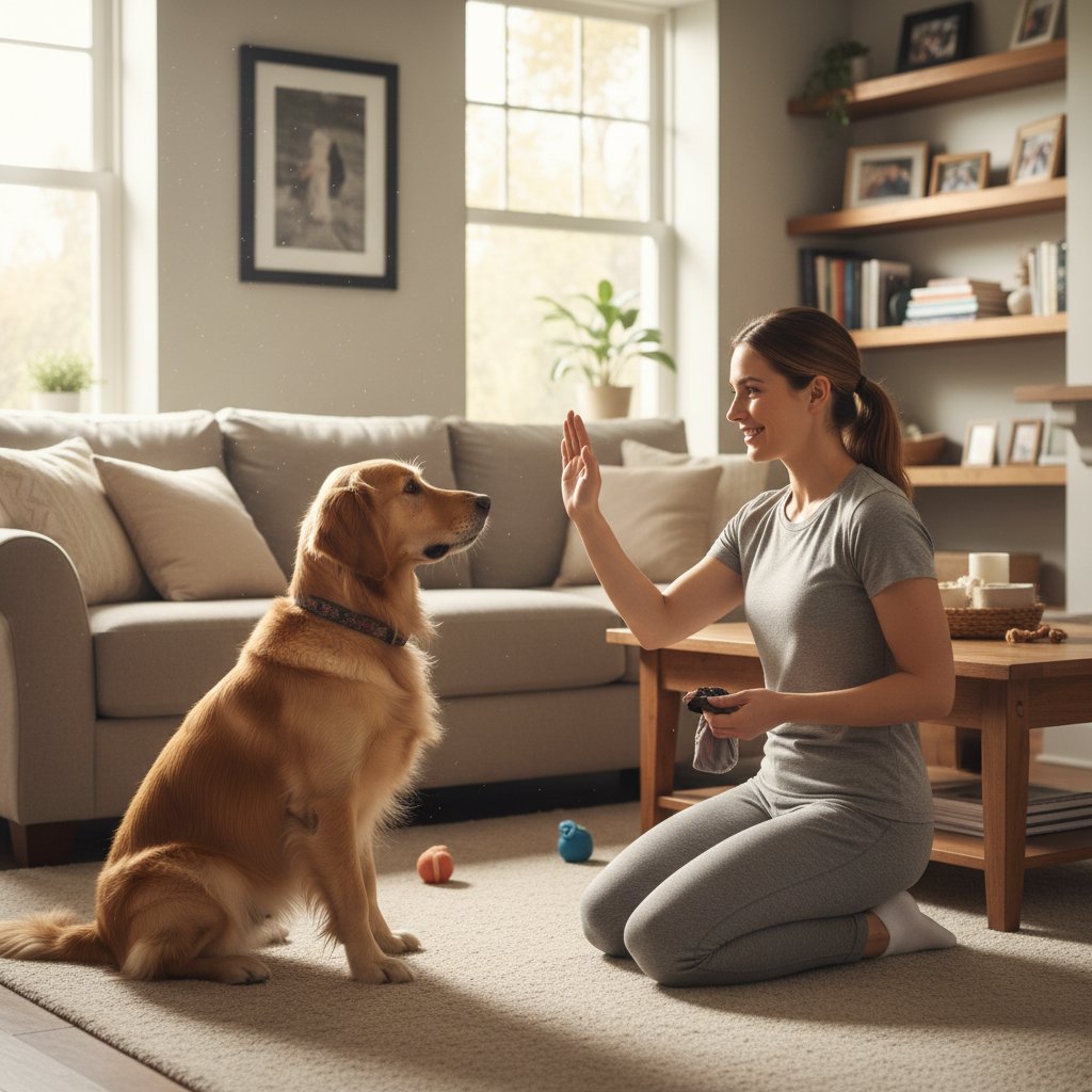 Zbliżenie na psa patrzącego na właściciela wydającego gest podczas treningu w domu