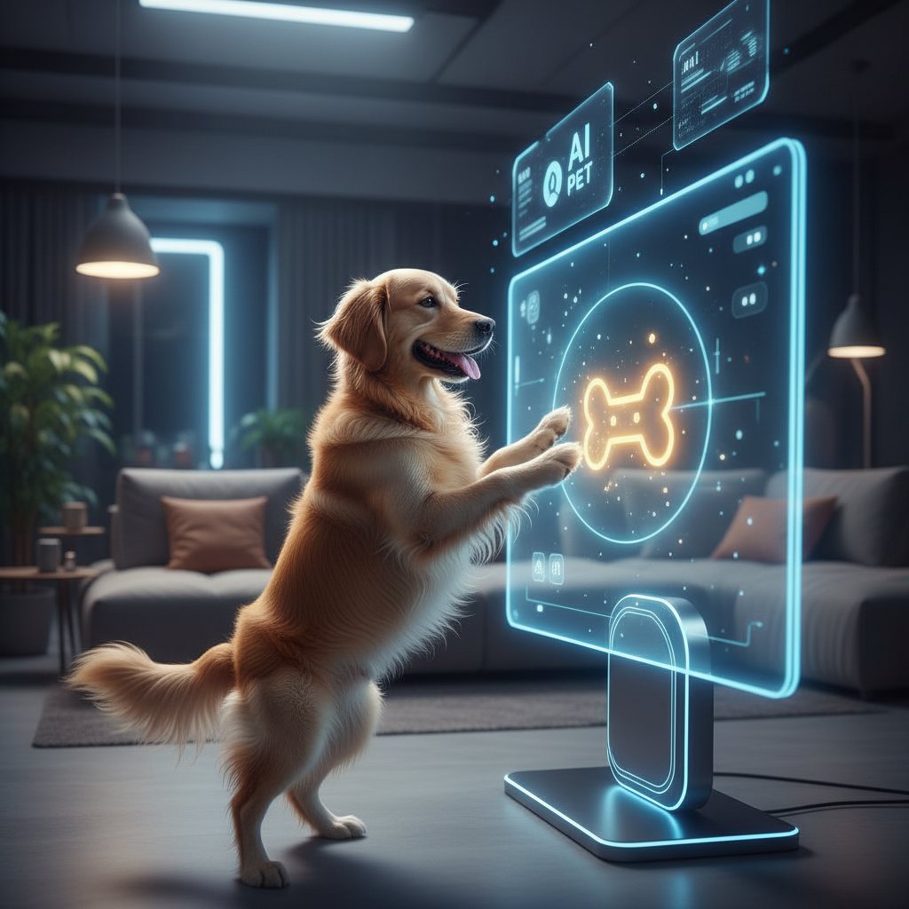 Pies opiera łapę na ekranie, na którym wyświetlany jest interaktywny piesek AI