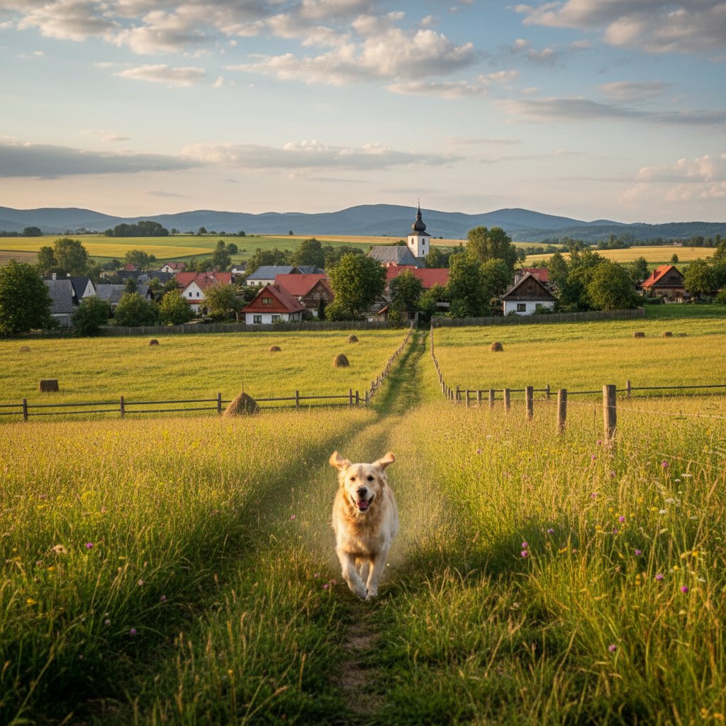 Pies biegnący przez wiejskie pola na tle polskiej wsi, kontrast z miejskim życiem