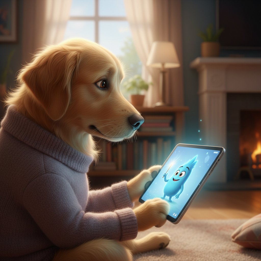 Pies przechyla głowę, patrząc na animowaną postać na tablecie, skupienie na ekranie i ciekawość