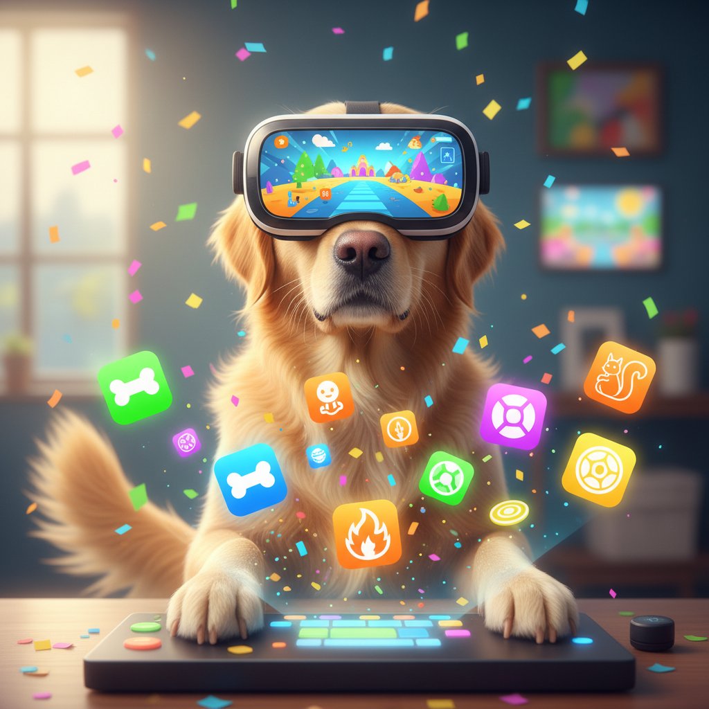 Pies w goglach VR otoczony ikonami aplikacji, jaskrawe kolory, zabawny klimat