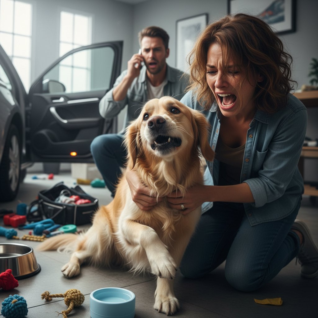 Pies dławiący się jedzeniem, właściciel w panice