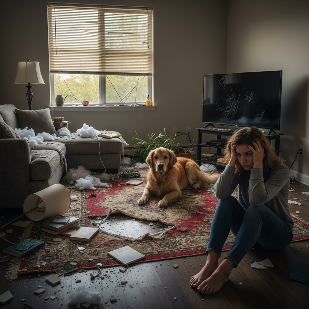 Zniszczone mieszkanie, pies patrzący smutno na właściciela, obrazek pokazujący skutki złego wyboru rasy