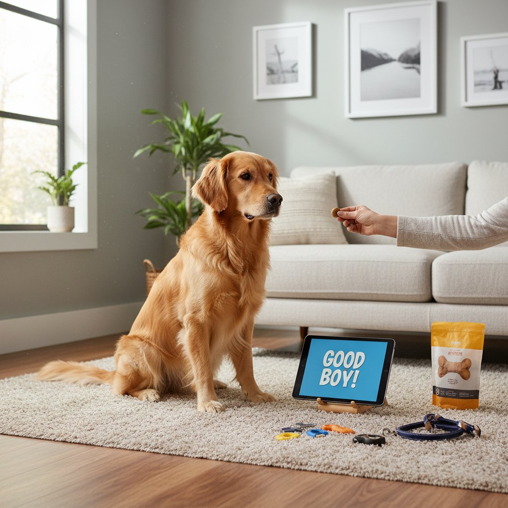 Hund erhält Belohnung im Wohnzimmer während Training per Tablet