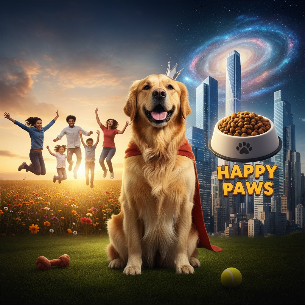 Pies na zdjęciu ogłoszenia, wyretuszowane tło, uśmiechnięta rodzina, kontrast z rzeczywistością