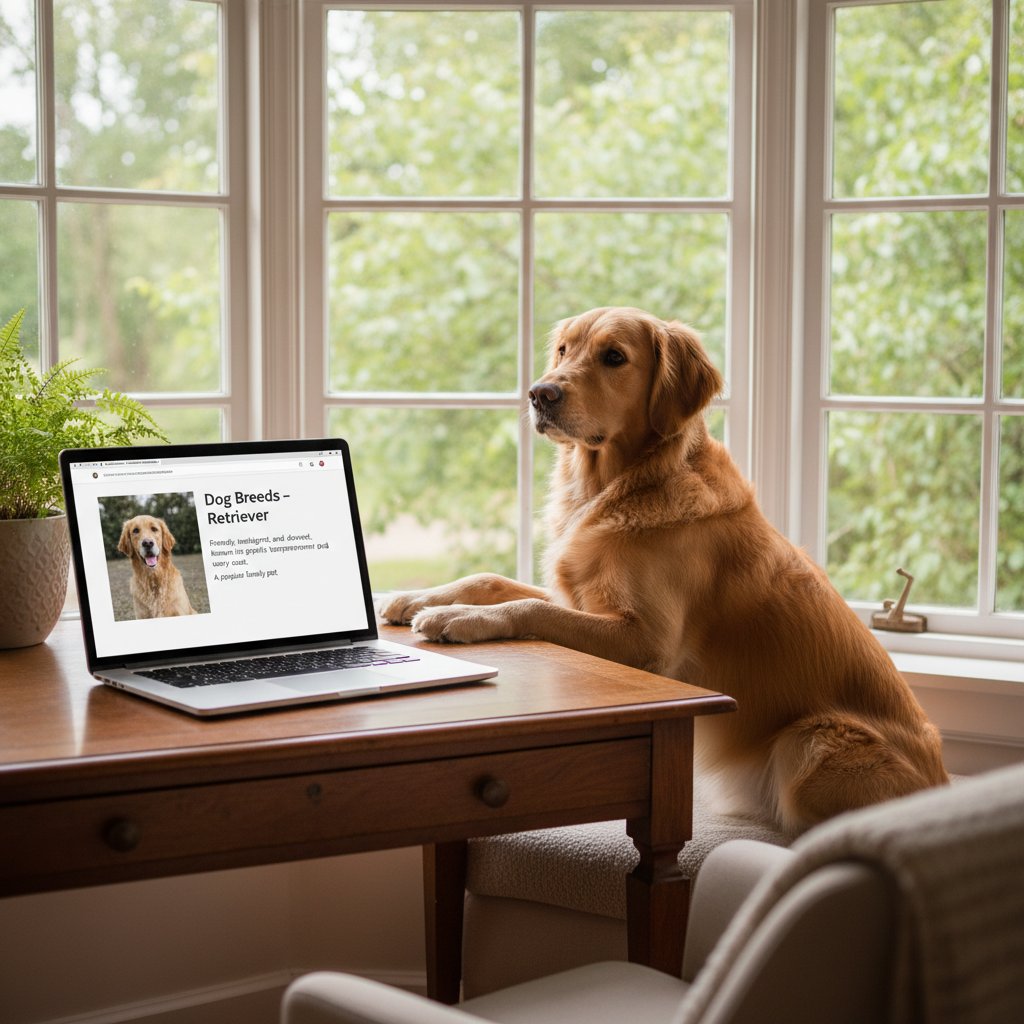 Zbliżenie na psa patrzącego przez okno, w tle komputer z otwartym opisem rasy
